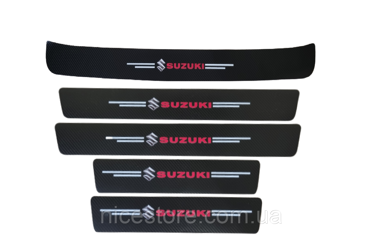 Наклейки на пороги та задній бампер заокруглена карбонові з логотипом Suzuki всі моделі та інші марки автомобілів style2, фото 1