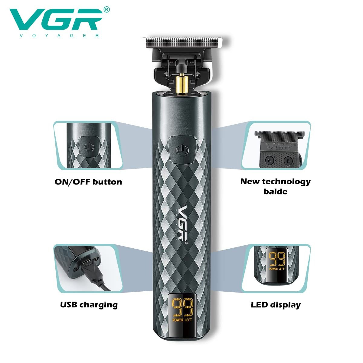 Триммер VGR V-077 для стрижки бороди та вусів акумуляторний з USB Type-C насадками для точного догляду