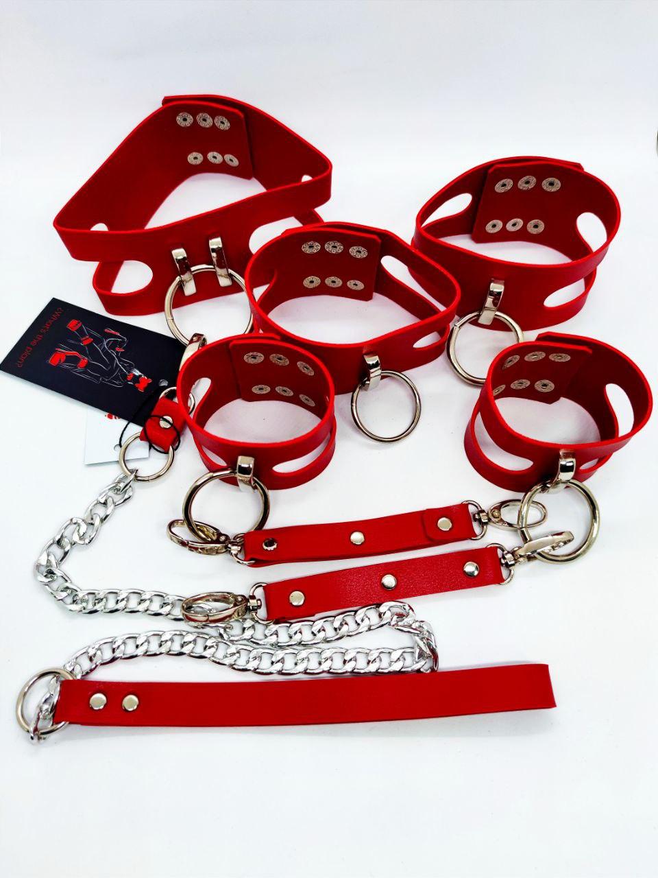 Нашийник із повідцем і наручниками "Fet 25" RED, екошкіра, ручна робота, фото 1