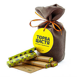 Шоколадки «ТОРБА ЩАСТЯ» з передбаченнями "жовта" молочний шококлад з молочною начинкою 87,5г (1уп/7шт)