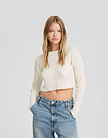 Ребристий трикотажний светр з бавовняної суміші bershka білого кольору