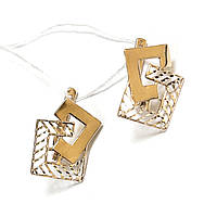 Золоті сережки жіночі геометричні квадрати без каменів із орнаментом