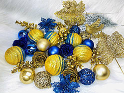 Набір патріотичний новорічний іграшок 33 різних предмети. Колір — золото, синій