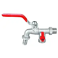 Кран лат. шар. для поливу зовнішня різьба 1/2", додатковий штуцер 3/4" ручка Double-lin (78-042)