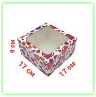 Самосборная коробка для бенто-торта эклеров пирожных сердечки 3D с оконом 170х170х90 (10шт/уп)