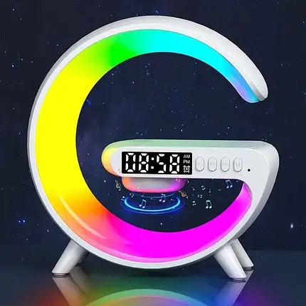 Нічник Smart Light Sound Machine RGB LIGHT G63 з бездротовою зарядкою 15W, Настільна лампа з будильником, фото 1