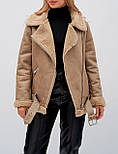 Дублянка жіноча коричнево-бежева з бежевим хутром баранчик із ременем, фото 5