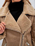 Дублянка жіноча коричнево-бежева з бежевим хутром баранчик із ременем, фото 7
