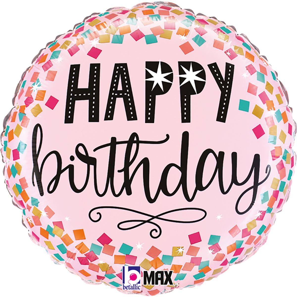 Фольгована кулька круг "Happy Birthday конфеті" рожева Grabo 18"(45см) 1шт.