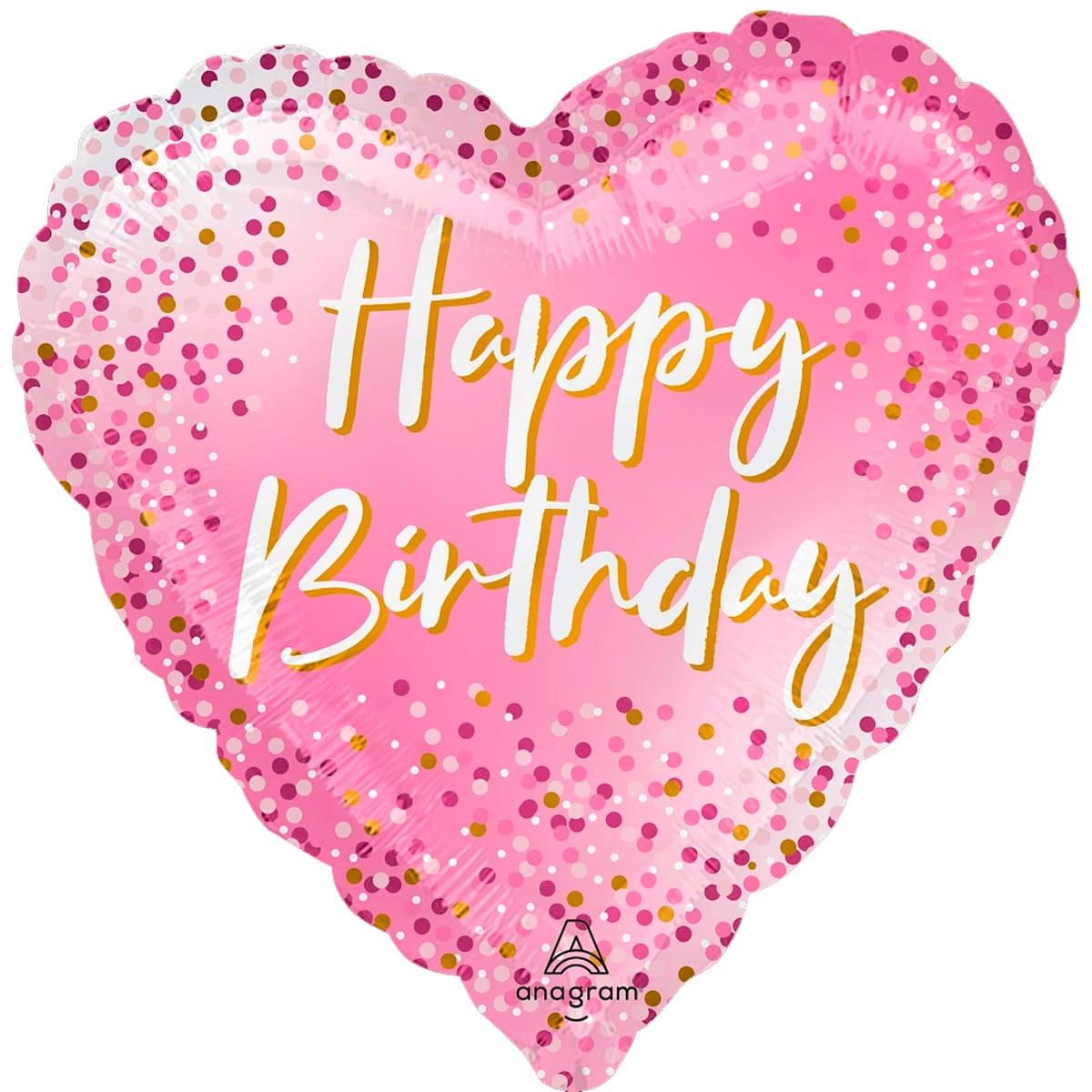 Фольгована кулька серце "Happy Birthday конфеті" рожева Anagram 18"(45см) 1шт.