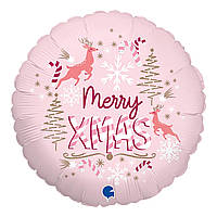 Фольгована кулька круг "Merry XMAS" рожева Grabo 18"(45см) 1шт.