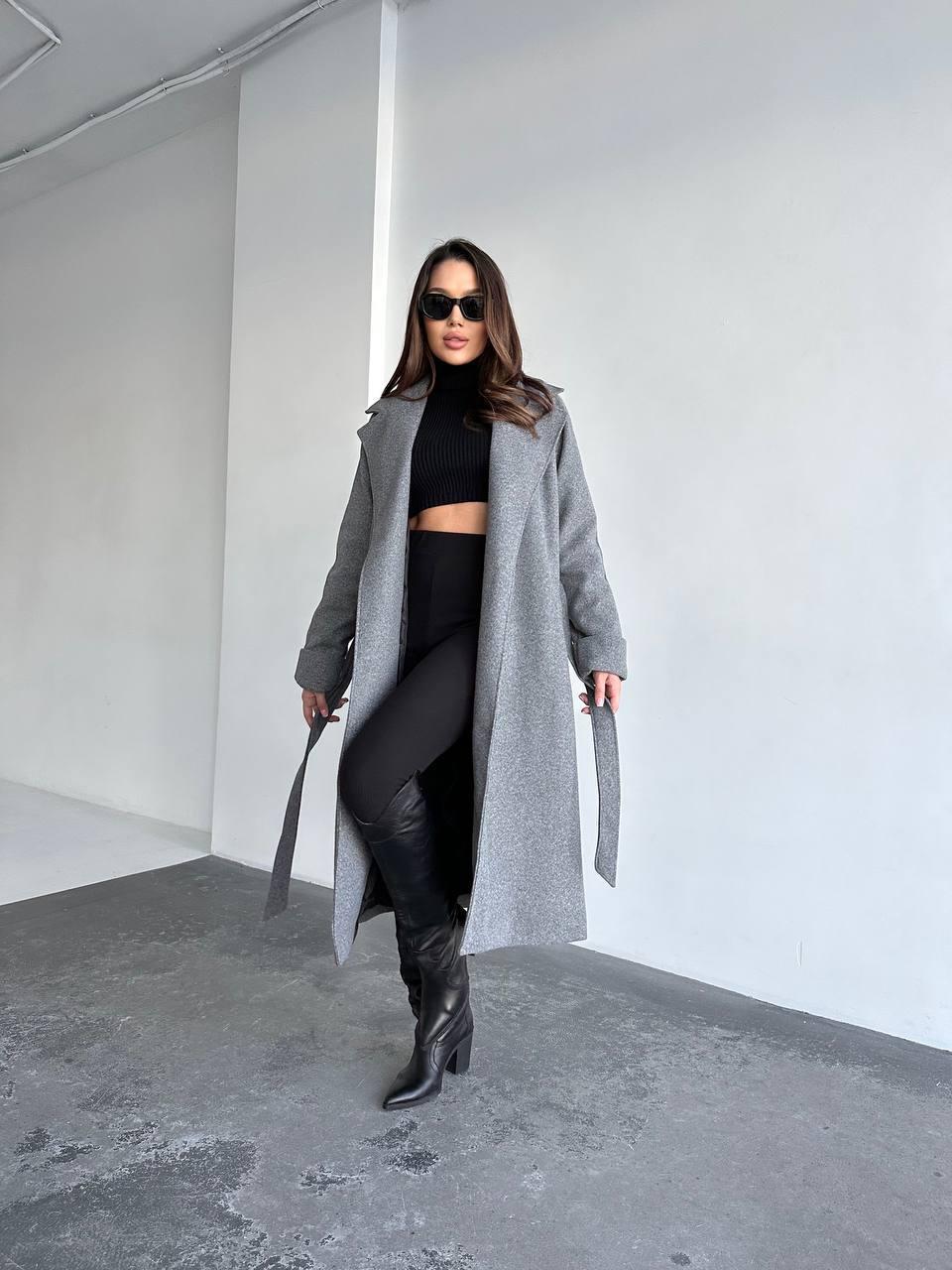 Довге сіре пальто жіноче кашемір із поясом Стильні повсякденні жіночі пальто на підкладці