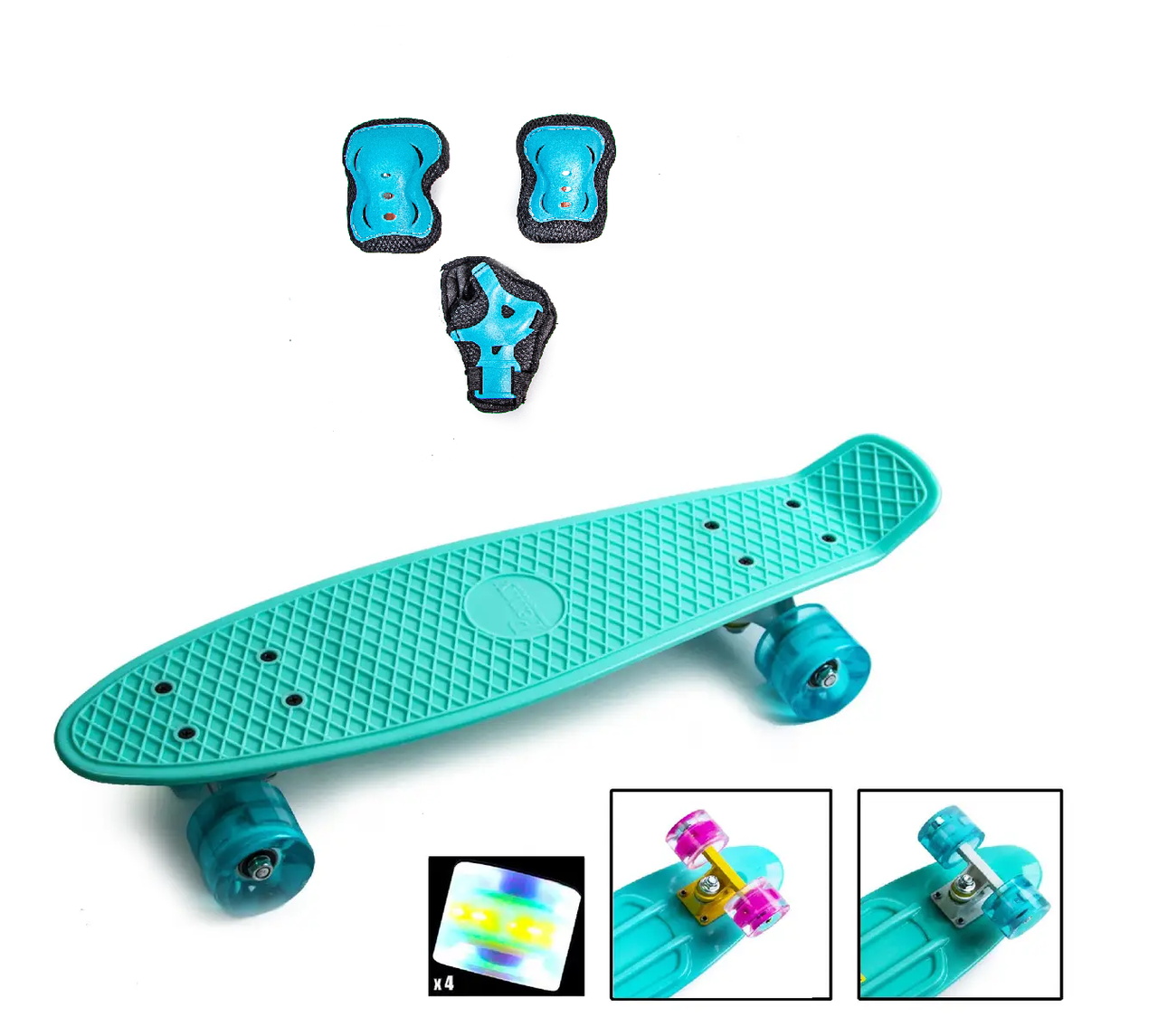 Набір скейтборд Penny Board. Бірюзовий + захисне екіпірування. Колеса світяться під час катання!, фото 1