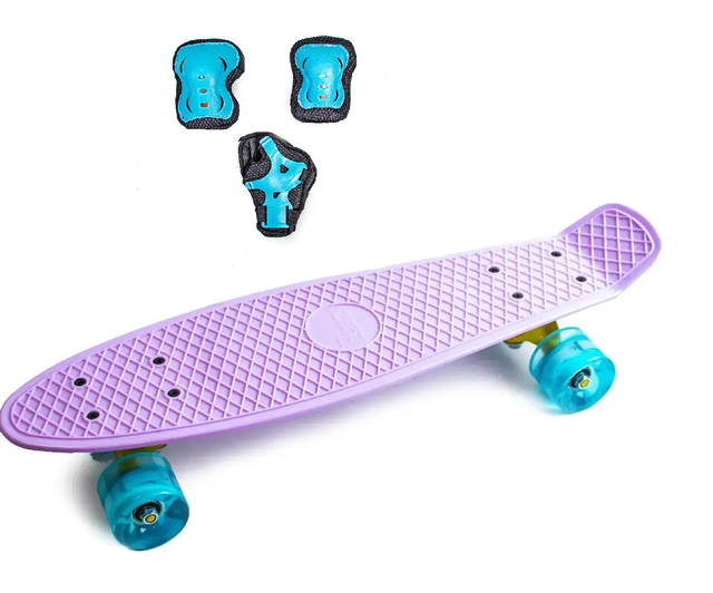 Набір скейтборд Penny Board. Ліловий + захисне екіпірування. Колеса світяться під час катання!