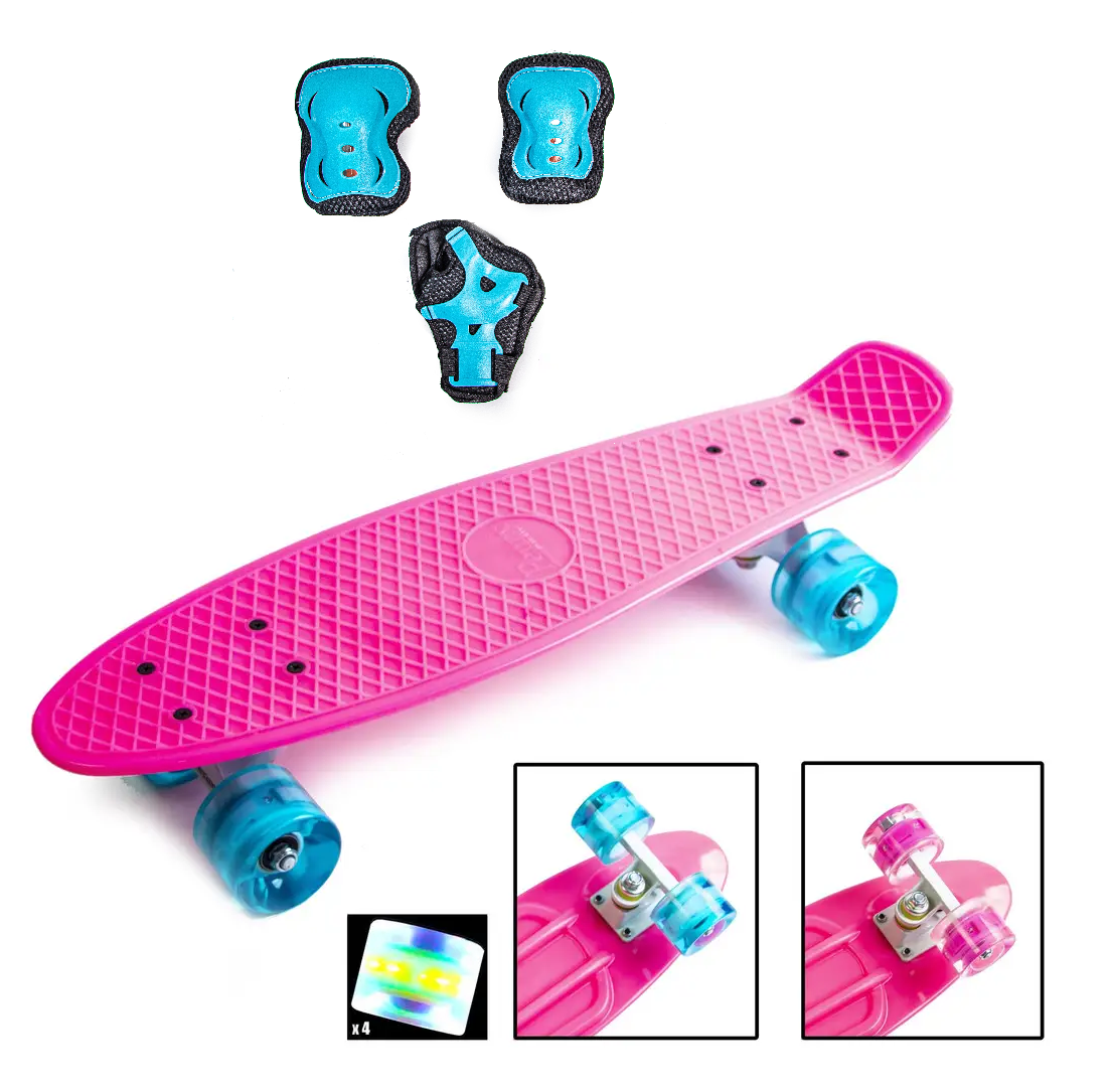 Набір скейтборд Penny Board. PINK + захисне екіпірування. Колеса світяться під час катання!