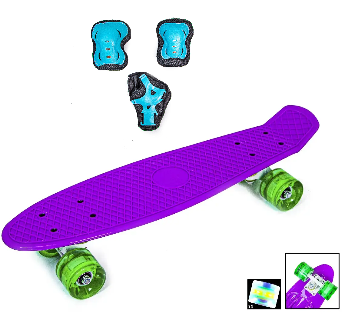 Набір скейтборд Penny Board. VIOLET + захисне екіпірування. Колеса світяться під час катання!, фото 1