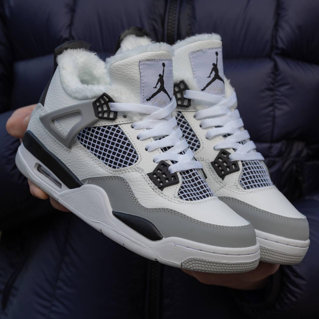 Чоловічі кросівки на хутрі Air Jordan Retro 4 White/Grey, фото 1