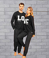 Пижамы для пары (фемели лук) мужская и женская теплая с длинным рукавом надпись LOVE черная и серая