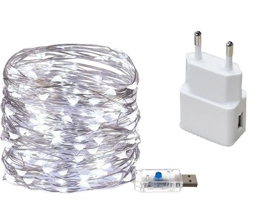 Гірлянда 200 led нитка довжина 20м c USB для 5v, під powerbank + блок, white