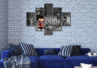 Модульна картина Червоний автобус на вулиці міста на Полотні, 95x135 см, (40x25-2/70х25-2/95x25)