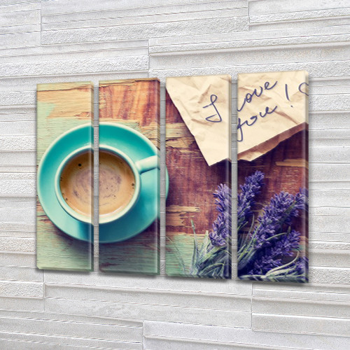 Картиная модульна Кави в блакитний чашці на Полотні сін., 65x80 см, (65x18-4)