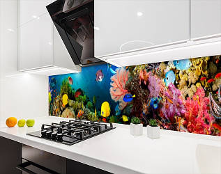 Панель на кухонний фартух жорстка з морською фауною, з двостороннім скотчем 62 х 305 см, 1,2 мм