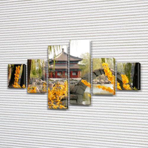 Картина модульна Будинок і квітучі дерева на ПВХ тканини, 80x135 см, (30x20-2/40х20-2/75x20-2)