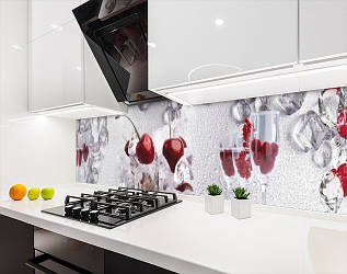 Кухонна панель на стіну жорстка вишні з льодом і келихами, з двостороннім скотчем 62 х 205 см, 1,2 мм