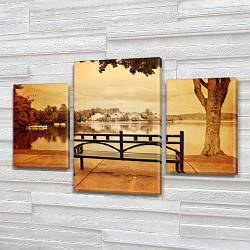 Модульна картина Лавка в парку біля річки на Полотні, 80х120 см, (55x35-2/80x45)