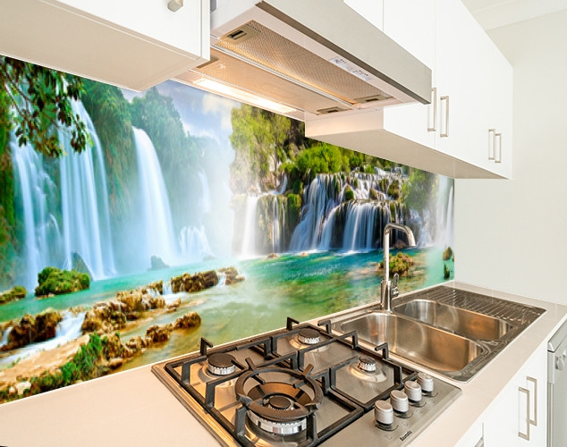 Кухонна панель жорстка ПЕТ водоспади і гори, з двостороннім скотчем 62 х 305 см, 1,2 мм, фото 1