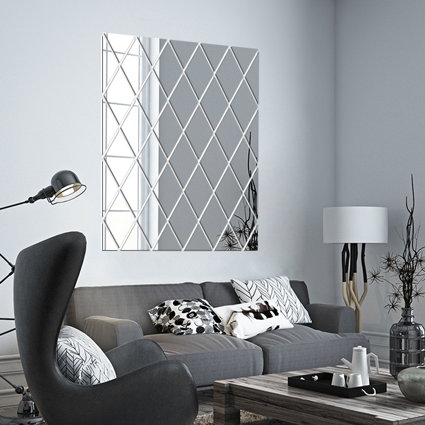 Акрилові дзеркальні панно Ромби 70 х 90 см з товстих сегментів (товщина 2 мм + скотч) ромб – 130 х 235 мм, фото 1