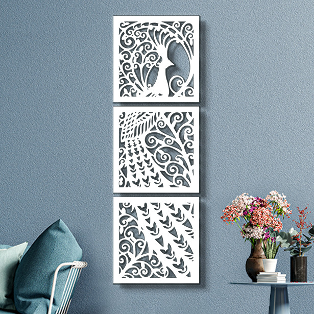 Панно декор картина 3D на стіну дерев'яне стильне Павич 124 х 40 см біле, фото 1