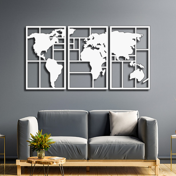 Панно декор картина 3D на стіну дерев'яне стильне Мапа світу-2 60 х 114 см біле, фото 1
