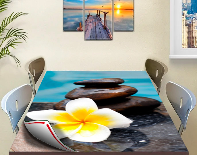 Покриття захист для столу м'яке скло з фотодруком Квітка та каміння 70 х 120 см (12 мм), фото 1