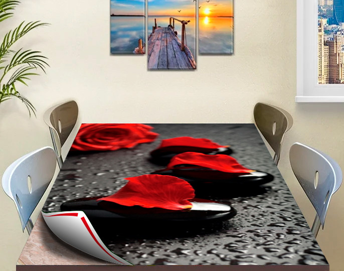 Покриття захист для столу м’яке скло з фотодруком Пелюстки троянди на камені 100 х 120 см (12 мм), фото 1