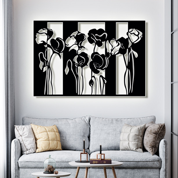Панно декор картина 3D на стіну дерев'яне стильне Маки 50 х 74 см чорне, фото 1