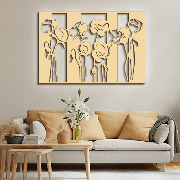 Панно декор картина 3D на стіну дерев'яне стильне Маки 60 х 89 см бежеве, фото 1