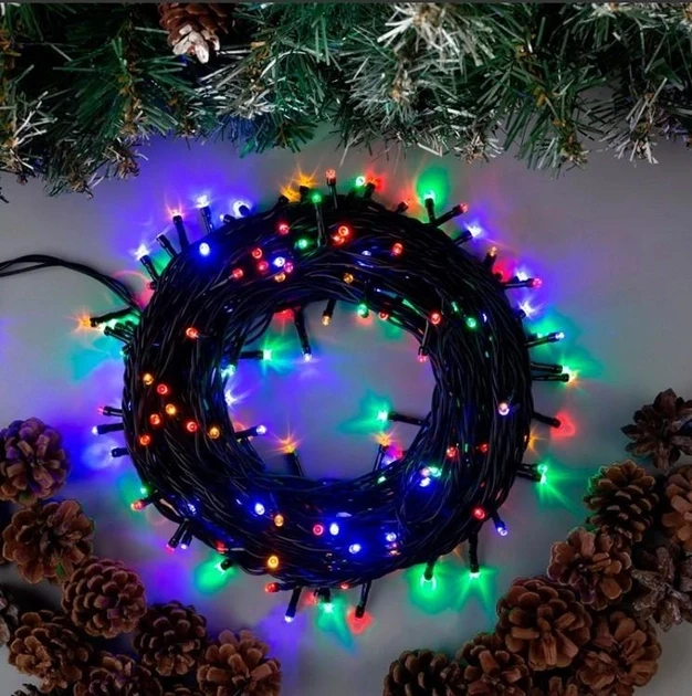 Вулична водостійка гірлянда нитка 100 LED чорний каучук, 5 метрів мульти