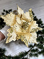 Новогоднее украшение - пуансеттия . Рождественский цветок пуансеттия золотая ( 22 см )