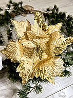 Новорічна прикраса — пуансеттія. Різдвяна квітка пуансеттії золота (22 см), фото 4