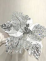 Новорічна прикраса — пуансеттія. Різдвяна квітка пуансеттії ( срібло 25 см), фото 3