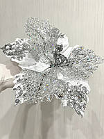 Новорічна прикраса — пуансеттія. Різдвяна квітка пуансеттії ( срібло 25 см), фото 4