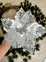 Новорічна прикраса — пуансеттія. Різдвяна квітка пуансеттії ( срібло 25 см), фото 5