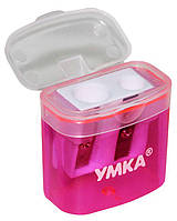 Точилка "УМКА" /ТЧ65-12/ прямокутна з контейнером для 2 олівців, рожева