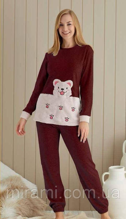 Теплая турецкая пижама с брюками на резинке в бордовом цвете