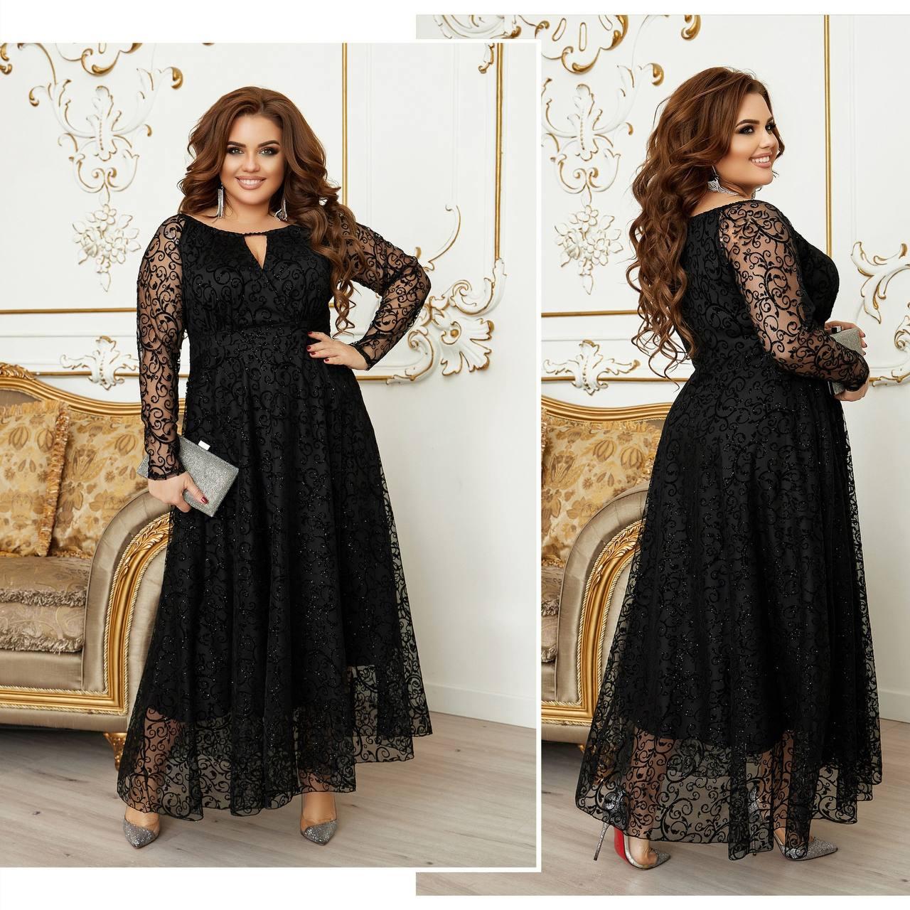 Вечірня чорна довга сукня з сіткою з флоком великі розміри, фото 1