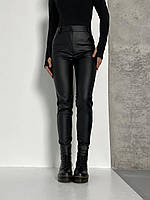 Кожаные брюки штаны женские на флисе черные стрейчевые экокожа матовые XS-S, S-M, L-XL, 2XL-3XL Черный, 50/52