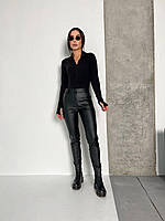 Кожаные брюки штаны женские на флисе мокко/бежевые стрейчевые экокожа матовые XS-S, S-M, L-XL, 2XL-3XL Черный, 42/44