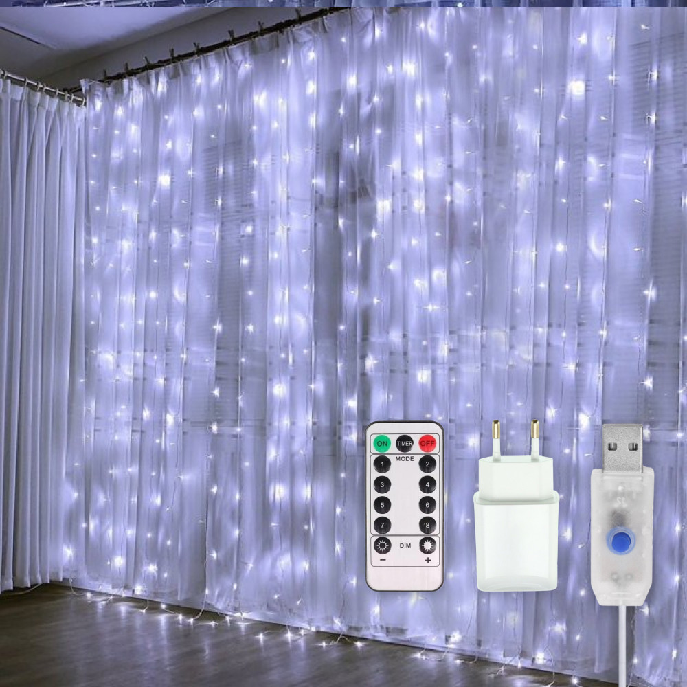 Гірлянда штора "Роса" з пультом ДУ, 3x2м, від USB та мережі 220V, 400 LED, 8 режимів + статичний, IP44, Білий