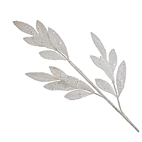 Искусственная ветвь с листьями в глиттере. Декоративная ветвь 70 см., белого цвета, для декора, композиций